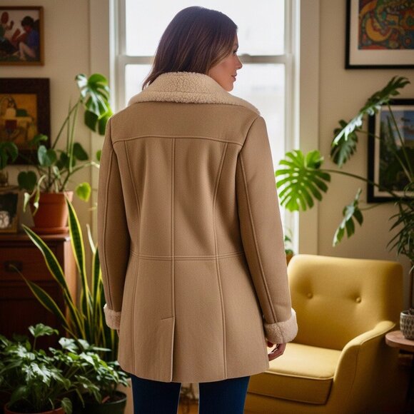 Vintage Y2K Tan Suede Leather Fur Lined Penny Lane Kenneth Cole Boho Hippie Coat - Picture 7 of 16